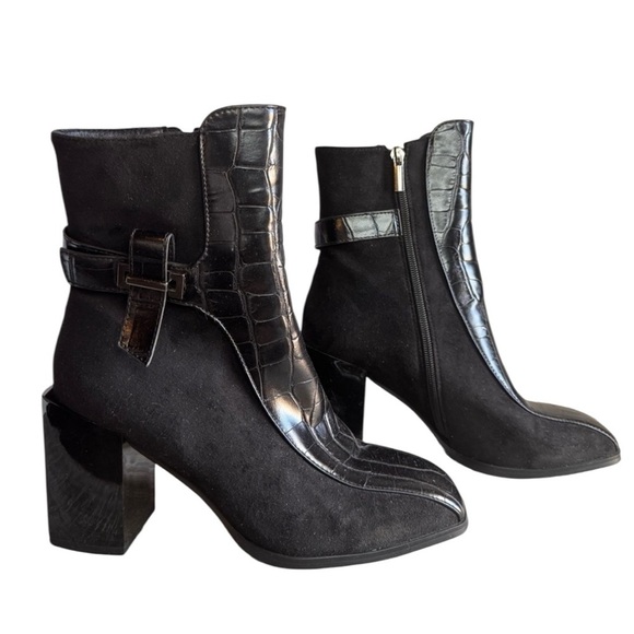 NEW Torgeis Fontaine Black Croc-Embossed  Block Heel Ankle Boots w/ Buckle Sz 8 - Picture 8 of 15